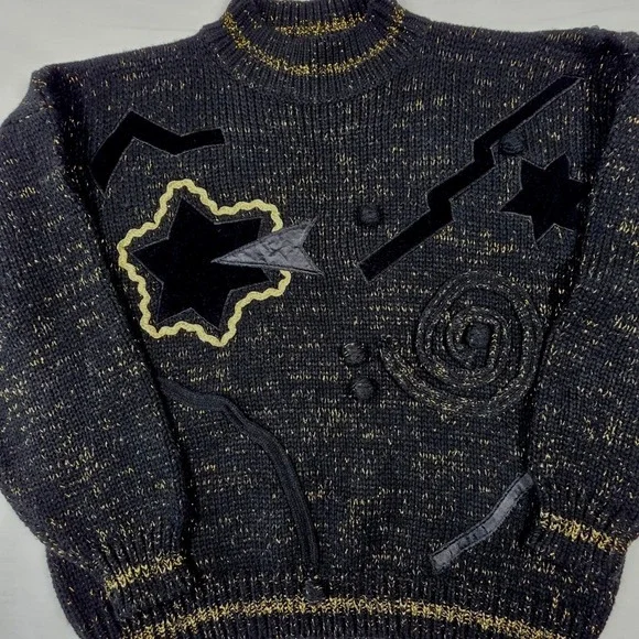 Vintage 80s Celestial Gold Sparkle Star Velvet Patch Mock Neck Sweater Womens L‎ - Picture 3 of 16